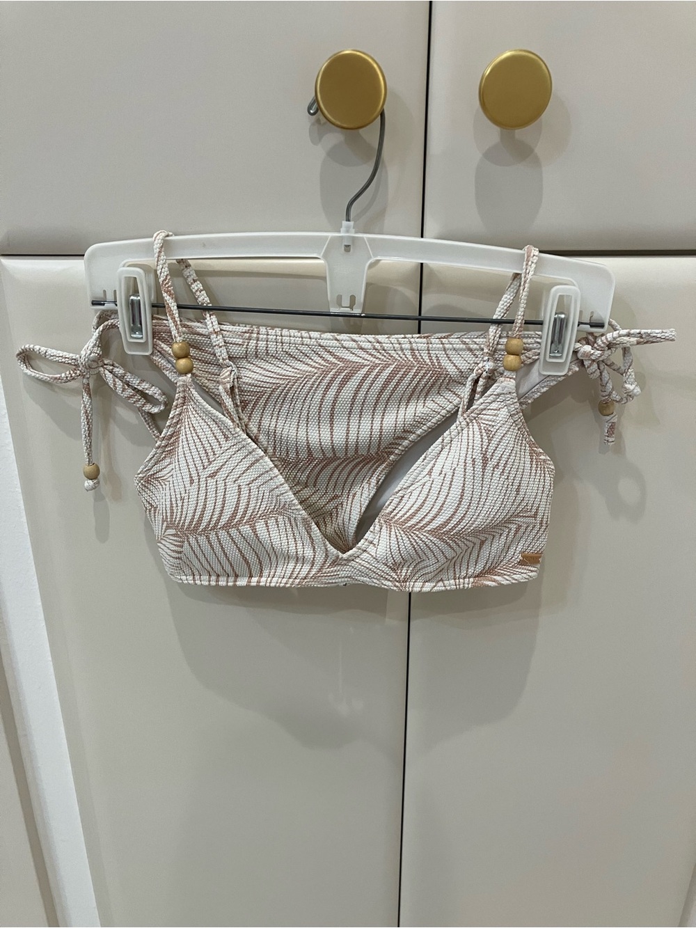 Roxy Cream and Light Brown Leaf-Print Tie-Strap Bralette bikini